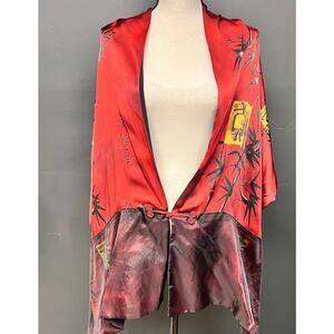 vintage Chico's 100% Silk Shawl Cardigan Wrap Asian character bamboo red black